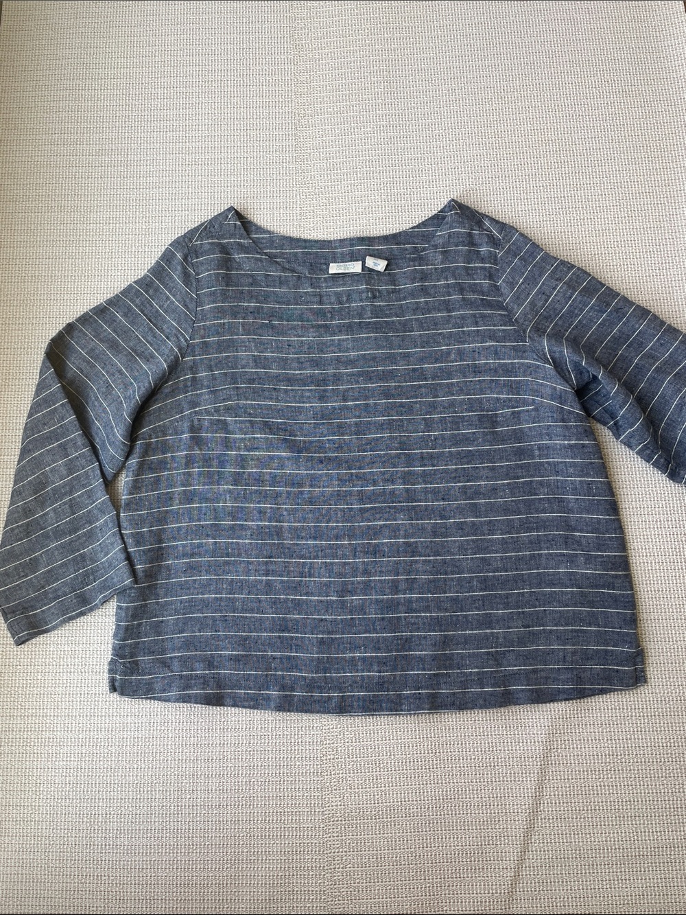Sigrid Olsen Navy and White Striped Boatneck Linen-Blend Top-Sz L